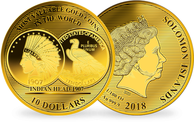 La monnaie 1/100 d'once or pur «Tête d’indien 1907» , grand diamètre: 45 mm ! 
